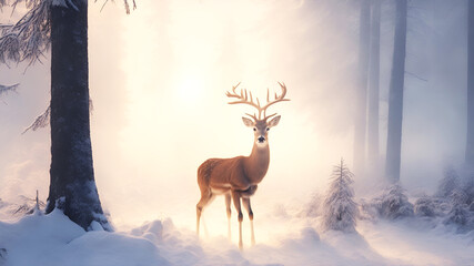 Winter landscape with a forest in the fog in the morning during sunrise and a deer in the meadow
