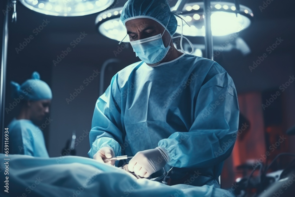Poster a surgeon is performing surgery in an operating room. this image can be used to depict a medical pro