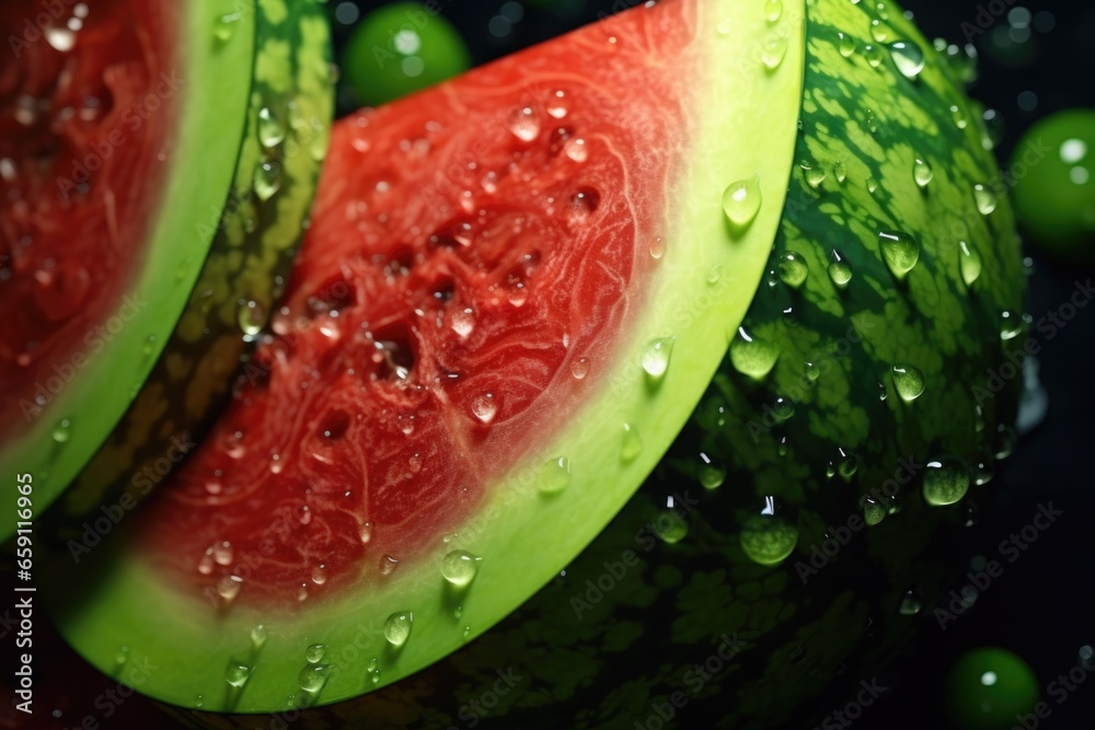 Poster a close up of a sliced watermelon with refreshing water droplets. perfect for summer-themed projects