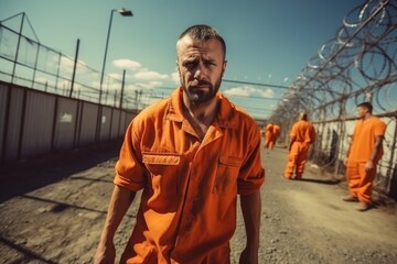 A man wearing an orange prison uniform is seen walking down a dirt road. This image can be used to depict concepts such as incarceration, freedom, justice, punishment, or rehabilitation. - obrazy, fototapety, plakaty
