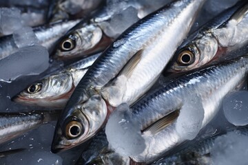 A group of fish sitting on top of ice. This image can be used to depict the effects of climate change on aquatic life or as a symbol of frozen food products.