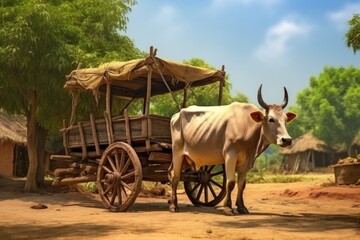 Obraz premium A white cow stands next to a wooden cart. This image can be used to depict rural life or farming scenes.