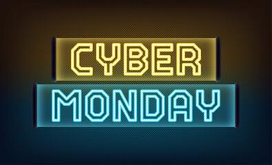 Neon Cyber Monday banner design. Outline yellow blue neon text Cyber Monday on translucent signboard. Text title template for animation, digital ad and social media banners. Vector illustration