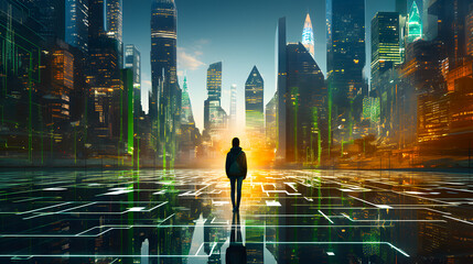 Creative glowing city skyline with abstract metaverse wallpaper. Digital future and cyberpunk concept. Double exposure