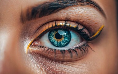 Fototapeta premium Macro photo of an eye, blue eye with golden brown edging, female, photo . Generative AI.
