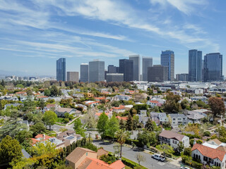 Century City, Los Angeles, California – October 6, 2023: aerial drone wide view Westfield Century...