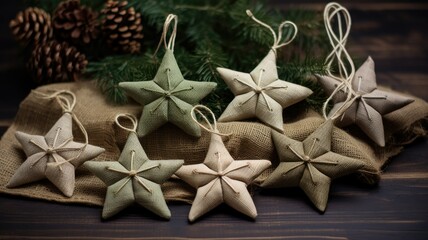 small burlap christmas ornaments with lace and ribbon, in the style of symmetrical asymmetry, aykut aydogdu, eye-catching, combining natural and man-made elements, festive atmosphere.