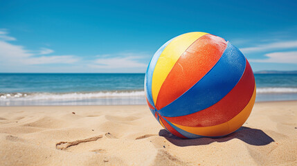 rainbow colorful beach ball on the sunny beach with blue skies background