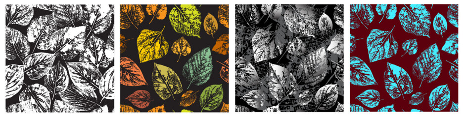 Set of seamless patterns. Autumn leaves. Imprints of natural leaves. Botanical ornament for the design of nature, fabric, textile, background, postcard, wrapping paper. Stock vector illustration.