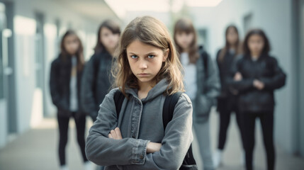 Middle-school girl standing with arms crossed, glaring at the camera with a menacing expression; with a group of classmates blurred in the background, depicting a situation of school bullying