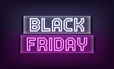 Neon Black Friday banner design. Outline white purple neon text Black Friday on translucent signboard. Text title template for animation, digital ad and social media banners. Vector illustration