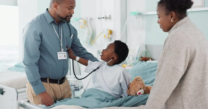 Doctor, child and stethoscope for breathing check, patient and pretend or imagination in hospital. Happy black kid, play and cardiology and lungs test, healthcare and medicare for recovery and health