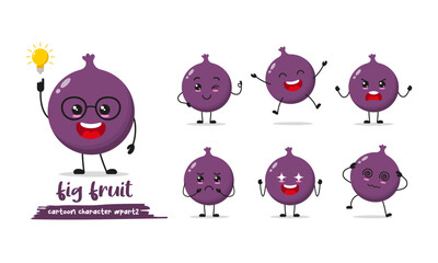 cute fig cartoon with many expressions. fruit different activity pose vector illustration flat design set.