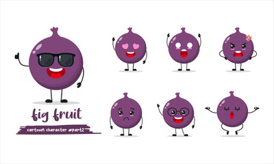cute fig cartoon with many expressions. fruit different activity pose vector illustration flat design set with sunglasses.