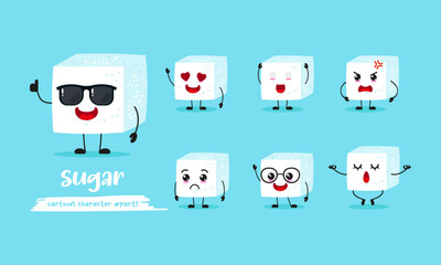cute sugar cartoon with many expressions. food different activity pose vector illustration flat design set with sunglasses.