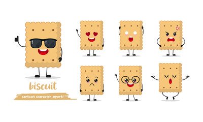 cute biscuit cartoon with many expressions. food different activity pose vector illustration flat design set with sunglasses.