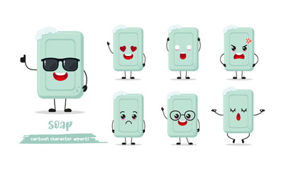 cute soap cartoon with many expressions. bath different activity pose vector illustration flat design set with sunglasses.