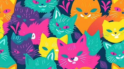 Fototapeta na wymiar a group of colorful cats with different colored eyes and whiskers. generative ai