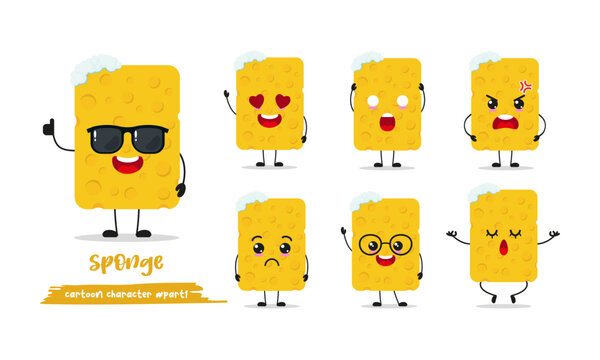 cute sponge cartoon with many expressions. wash different activity pose vector illustration flat design set with sunglasses.