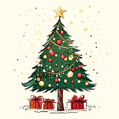 Christmas card, Christmas pine tree with Decorations 