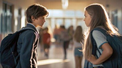 Middle-school boy and girl standing face to face in a school corridor, exchanging challenging glances, indicative of a dispute or conflict