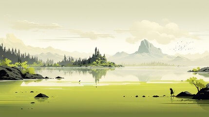  a painting of a lake with mountains in the background and birds flying over the water.  generative ai