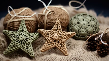 Fototapeta na wymiar small burlap christmas ornaments with lace and ribbon, in the style of symmetrical asymmetry, aykut aydogdu, eye-catching, combining natural and man-made elements, festive atmosphere.
