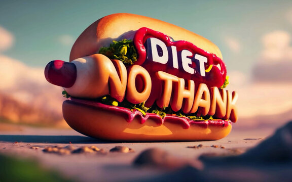 3d render, photo with a hotdog with the inscription "Diet no thank" . Generative AI.