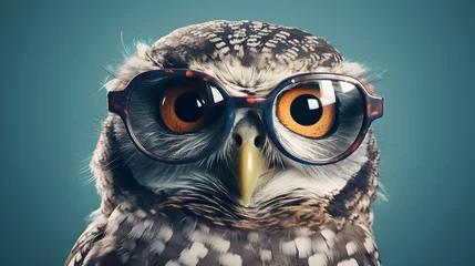 Rolgordijnen Close up of owl face wear the eyeglass. © Riocool