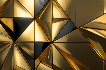 A gold colored wall with triangles on it. The wall is made of gold and has a shiny, reflective surface. The triangles are arranged in a way that creates a sense of depth and movement