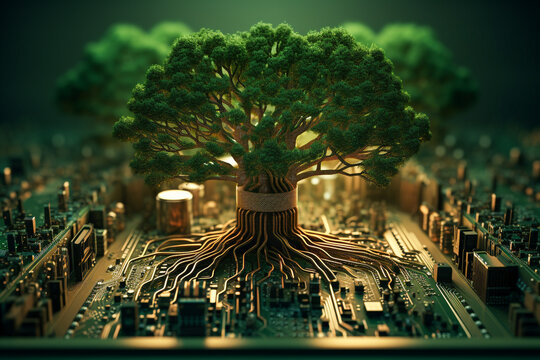 Tree growing a circuit board and integrated as organic processor, indicating the concept of the fusion of nature and technology and future clean, renewable, and green energy in sustainable technology