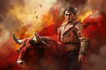 Poster Im Rahmen Brave Bullfighter man fight bull. Brave horn. Generate Ai © juliars