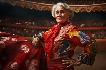 Tuinposter Brave Bullfighter old woman bull. Matador fight. Generate Ai © juliars