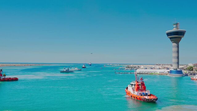 Yanbu, Saudi Arabia - Mar 16 2023, 4k, Aerial view panorama marina and port Lighthouse, Yanbu, Saudi Arabia