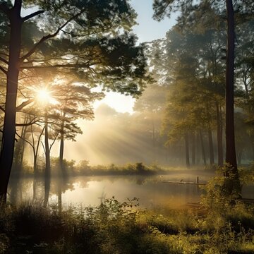  the sun shines through the trees over a lake in the woods.  generative ai