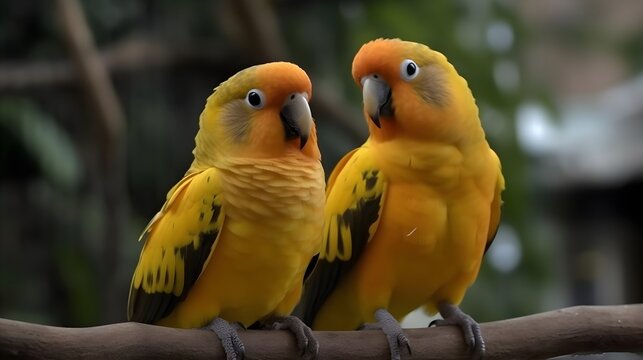 Two yellow parakeet and love birds parrots nature background. AI generat