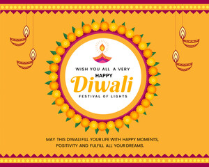 Happy Diwali festival of lights wishes card template design with decorative floral mandala with marigold and mango leaves.