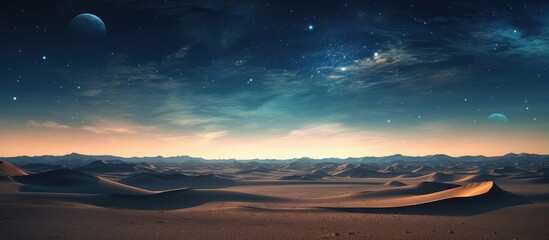 Desert dunes and stars in the night sky photo illustration - obrazy, fototapety, plakaty