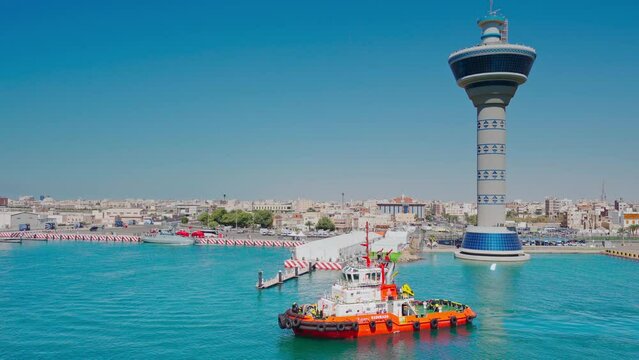 Yanbu, Saudi Arabia - Mar 16 2023, 4k, Aerial view panorama marina and port Lighthouse, Yanbu, Saudi Arabia