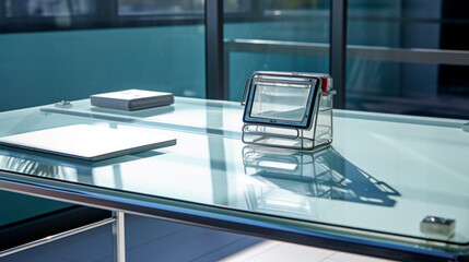 An office desk with a white metal frame and a glass top