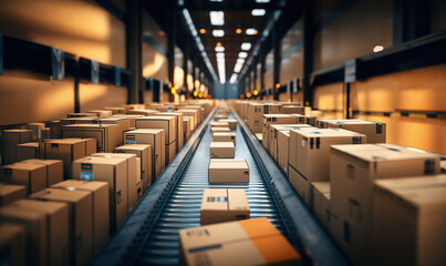 Cardboard box packages seamlessly moving along a conveyor belt in a warehouse. Cardboard, Gift, Christmas light concept. - obrazy, fototapety, plakaty