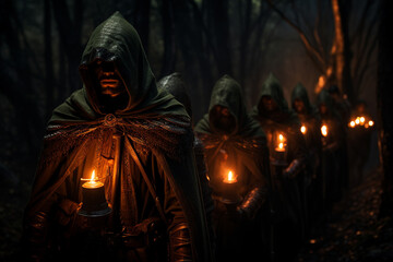 Group of mysterious monks from a secret order of the Middle Ages carry candles in dark ritual celebration.