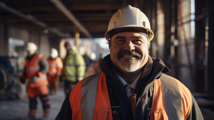 portrait of fat smiling construction worker in helmet looking at camera