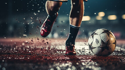 Close-up of legs playing soccer in a wet stadium - obrazy, fototapety, plakaty