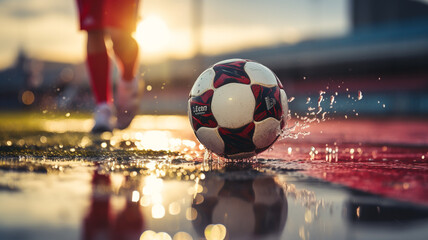 Close-up of legs playing soccer in a wet stadium