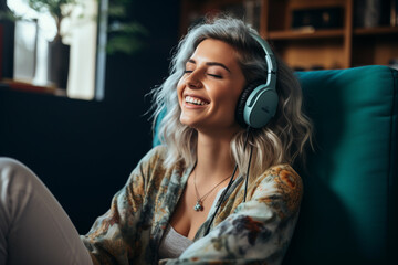 "pink haired woman with nose piercing enjoy and listening music in home sofa"