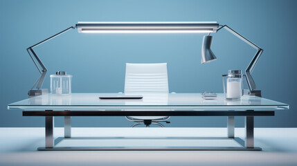An office desk with a white metal frame and a glass top