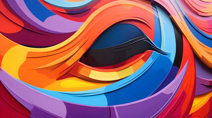 Vibrant close-up of a dynamic, multicolored paper sculpture with abstract waves and swirls, creating a sense of movement and texture in a striking dis of artistry