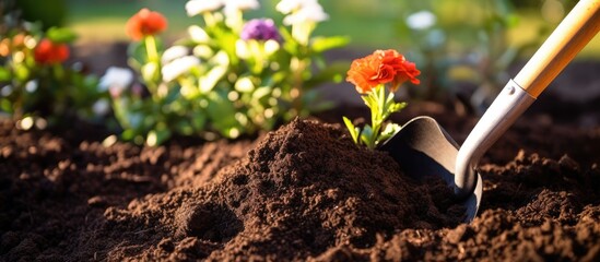 Preparing the soil for gardening by digging holes and using chicken manure pellets and compost while also creating new flowerbeds for landscaping - obrazy, fototapety, plakaty