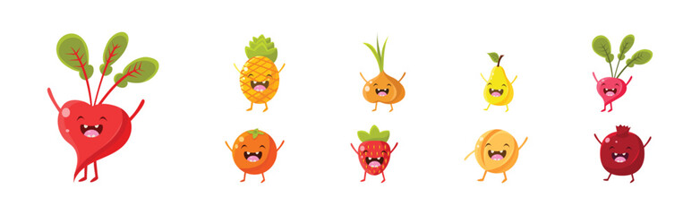 Funny Fruits and Vegetables with Happy Smiling Face Vector Set
